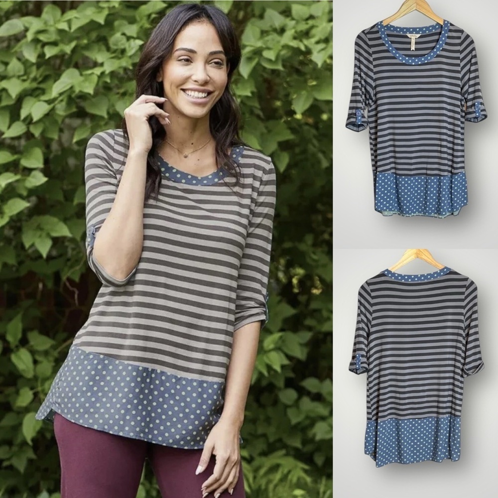Matilda Jane Lets Get Lost Top Size Small Roll Tab Sleeve Polka Dot Stripe
